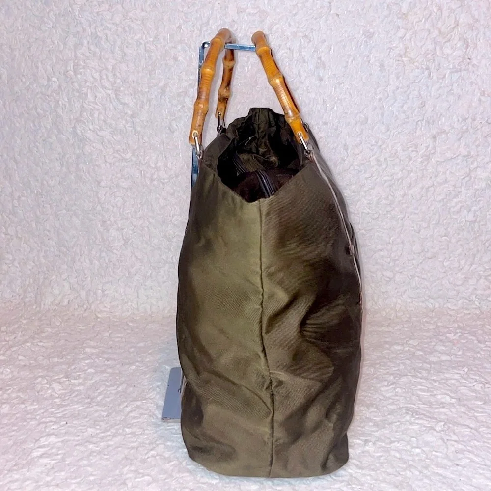 Gucci Vintage Bamboo Handle Nylon Leather Large Shopper Tote Olive Green Brown - Picture 4 of 15